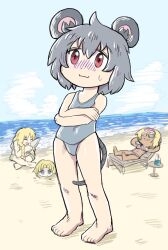 Rule 34 | 4girls, alice margatroid, animal ears, barefoot, beach, beach chair, bikini, blonde hair, blue sky, braid, buried, closed mouth, cloud, commentary request, cookie (touhou), crossed arms, day, drddrddo, flat chest, full body, grey hair, grey one-piece swimsuit, hair between eyes, holding, horizon, ichigo (cookie), joker (cookie), kirisame marisa, long bangs, mizuhashi parsee, mouse ears, mouse girl, mouse tail, multiple girls, nazrin, nyon (cookie), ocean, one-piece swimsuit, open mouth, outdoors, pink bikini, red eyes, short hair, side braid, single braid, sitting, sky, smile, solo focus, standing, sunglasses, suzu (cookie), sweatdrop, swimsuit, tail, tan, touhou, trowel, water