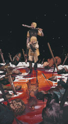 Rule 34 | 3boys, ^ ^, absurdres, armor, askeladd, black background, black pants, blonde hair, blood, blood on face, bloody weapon, breastplate, closed eyes, corpse, different reflection, dual wielding, closed eyes, father and son, full body, grin, hand on another&#039;s head, highres, holding, holding knife, holding sword, holding weapon, jacket, knife, long sleeves, looking back, multiple boys, over shoulder, pants, planted, planted sword, planted weapon, pool of blood, profile, reflection, reverse grip, sheath, shirt, short hair, smile, snowing, standing, sword, thorfinn, thors, tunic, vinland saga, weapon, weapon over shoulder, white jacket, white shirt, yellow shirt, yorunue ro