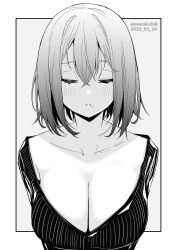 Rule 34 | 1girl, breasts, cleavage, closed eyes, collarbone, commentary request, dated, grey background, greyscale, hair between eyes, highres, kichihachi, large breasts, mole, mole under mouth, monochrome, original, parted lips, shirt, short hair, simple background, solo, striped clothes, striped shirt, twitter username, two-tone background, upper body, vertical-striped clothes, vertical-striped shirt, white background
