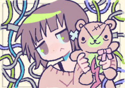 1girl :&lt; brown_eyes brown_hair cable choppy_bangs dot_nose hair_ornament hairclip head_tilt holding holding_stuffed_toy iwakura_lain melps serial_experiments_lain solo stuffed_animal stuffed_toy tangle teddy_bear upper_body wire x_hair_ornament