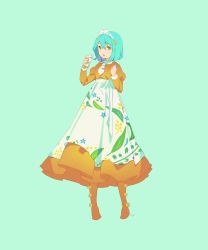 Rule 34 | 1girl, apron, aqua hair, boots, bow, brown dress, brown eyes, brown footwear, dress, floral print, green background, hair between eyes, hands up, holding, juliet sleeves, knee boots, leaf print, long sleeves, looking at viewer, maeya susumu, maid, maid headdress, original, parted lips, print apron, puffy sleeves, short hair, signature, simple background, solo, standing, teeth, upper teeth only, white apron, yellow bow