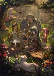 Rule 34 | 1boy, 4girls, absurdres, animal ears, antlers, blonde hair, braid, bridal gauntlets, closed eyes, dress, facial hair, fairy, fairy wings, fantasy, feathers, flower, flute, forest, formal, glasses, green eyes, green hair, hairband, harp, highres, hood, horns, instrument, lack, leaf, light particles, long hair, looking at viewer, looking back, mouse (animal), multiple girls, mushroom, music, mustache, nature, necktie, one eye closed, original, playing instrument, pointy ears, rabbit, recorder, red hair, saxophone, short hair, sitting, suit, tail, tree, tree stump, twin braids, violin, white dress, wind, wings