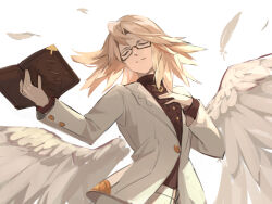 Rule 34 | 1girl, book, brown shirt, closed eyes, closed mouth, feathered wings, feathers, glasses, granblue fantasy, grey hair, hand on own chest, holding, holding book, jacket, long hair, long sleeves, michael (granblue fantasy), nos, official alternate costume, open book, pants, semi-rimless eyewear, shirt, smile, solo, upper body, white jacket, white pants, wings