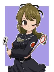 Rule 34 | 1girl, belt, black belt, black dress, black ribbon, blue background, brown eyes, brown hair, chain necklace, closed mouth, collared dress, commentary, cowboy shot, crossed arms, dress, emblem, english text, girls und panzer, gorget, hair ribbon, japanese tankery league judge uniform, jewelry, judge, long hair, long sleeves, looking at viewer, medallion, necklace, one eye closed, outline, outside border, ribbon, short dress, short ponytail, sign, smile, solo, standing, takahashi kurage, takashima remi, uniform, white outline, wing collar