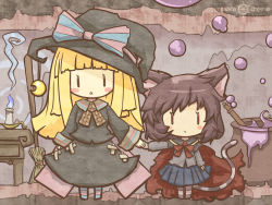 Rule 34 | 2girls, akihiyo, animal ears, blonde hair, blush stickers, bow, broom, brown hair, bubble, candle, cape, cat ears, cat tail, chibi, dress, holding hands, hat, hat bow, multiple girls, original, pot, skirt, table, tail