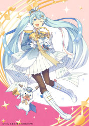 Rule 34 | 1girl, 1other, band uniform, beamed eighth notes, black pantyhose, blue eyes, blue hair, blue headwear, blue jacket, boots, bow, bowtie, commentary, crypton future media, eighth note, epaulettes, french horn, gloves, hair ornament, hair ribbon, hat feather, hatsune miku, highres, holding, holding instrument, instrument, jacket, knee boots, light blue hair, long hair, looking at viewer, mini shako cap, musical note, musical note print, official art, one eye closed, open mouth, pantyhose, pleated skirt, quarter note, rabbit, rabbit yukine, ribbon, skirt, smile, star (symbol), torla16, treble clef, trumpet, twintails, very long hair, vocaloid, white footwear, white gloves, white skirt, yuki miku, yuki miku (2020)