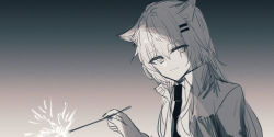 Rule 34 | 1girl, absurdres, animal ear fluff, animal ears, arknights, chihuri, closed mouth, collarbone, fireworks, from side, greyscale, hair between eyes, hair ornament, hairclip, highres, holding, holding fireworks, jacket, lappland (arknights), long hair, looking at viewer, monochrome, nail polish, necktie, open clothes, open jacket, scar, scar across eye, scar on face, senkou hanabi, sketch, smile, solo, sparkler, upper body