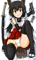 Rule 34 | 1girl, adapted uniform, bad id, bad pixiv id, black hair, commentary request, dakku (ogitsune), gloves, gun, handgun, head wings, katana, long hair, nontraditional miko, panties, pistol, sig p220/p226, sig sauer, solo, strike witches, strike witches 1991, sword, tail, thighhighs, underwear, weapon, wings, world witches series