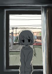 Rule 34 | 1other, androgynous, building, closed mouth, day, indoors, long sleeves, mountainous horizon, no nose, no sclera, original, parking lot, partially colored, power lines, short hair, solo, sweater, umi ha kirai, utility pole, v arms, window