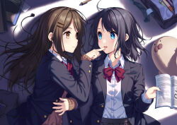 Rule 34 | 2girls, adachi sakura, adachi to shimamura, arm grab, aya223, bag, black hair, black jacket, black skirt, blue eyes, bow, bowtie, brown eyes, brown hair, brown sweater, closed mouth, collared shirt, dress shirt, earphones, eye contact, finger to another&#039;s mouth, from above, hair ornament, hairclip, highres, jacket, long hair, long sleeves, looking at another, lying, medium hair, multiple girls, on back, on side, open clothes, open jacket, open mouth, red bow, red bowtie, school bag, school uniform, shimamura hougetsu, shirt, skirt, sweater, white shirt, wing collar, yuri