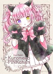 Rule 34 | 1girl, :o, animal ear fluff, animal ears, animal hands, artist name, black jacket, black mittens, blue eyes, blush, bow, cat ears, cat girl, cat paws, cat tail, collared shirt, cropped legs, emo (mikan), english text, gloves, heterochromia, jacket, looking at viewer, mittens, mixed-language text, necktie, original, outside border, paw gloves, paw pose, pink bow, pink hair, pleated skirt, red necktie, shirt, skirt, socks, solo, tail, twintails, white shirt, white skirt, wide sleeves, yellow eyes