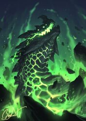 Rule 34 | animal focus, debris, dragon, extra eyes, fire, from side, glowing, glowing eyes, glowing mouth, green eyes, green fire, highres, masterpiecegold, monster, no humans, open mouth, original, scales, sharp teeth, signature, solo, teeth