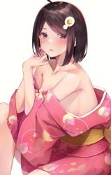 Rule 34 | 1girl, absurdres, ahoge, araragi tsukihi, black eyes, black hair, blush, breasts, cleavage, collarbone, commentary request, egg (food), food, fried egg, hair ornament, highres, japanese clothes, kimono, looking at viewer, monogatari (series), no bra, open clothes, open mouth, pink kimono, short hair, sideboob, simple background, sitting, solo, swept bangs, white background, yuunamida uyu