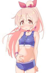 Rule 34 | 1girl, absurdres, ahoge, blue shorts, blue sports bra, blush, bow, bracelet, breasts, brown eyes, choker, closed mouth, commentary, cowboy shot, earrings, genderswap, genderswap (mtf), hair bow, highres, jewelry, long hair, looking at viewer, nuurise2023, onii-chan wa oshimai!, oyama mahiro, pink hair, ponytail, purple bow, purple choker, shorts, simple background, small breasts, solo, sports bra, wavy mouth, white background