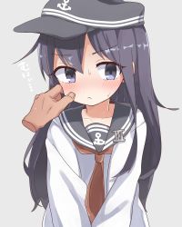 Rule 34 | 1girl, 1other, akatsuki (kancolle), anchor symbol, bad id, bad pixiv id, badge, black hair, black sailor collar, blush, cheek pinching, commentary request, disembodied limb, grey background, hair between eyes, highres, kantai collection, long hair, looking to the side, messy hair, neckerchief, nose blush, pinching, purple eyes, red neckerchief, sailor collar, school uniform, serafuku, simple background, solo focus, upper body, yamikumo (1112sa)