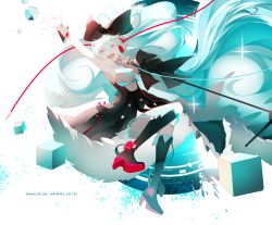 Rule 34 | 1girl, aqua eyes, aqua necktie, black bow, black dress, black footwear, boots, bow, cable, cube, dress, floating hair, gloves, hair between eyes, hair bow, hatsune miku, headphones, high heel boots, high heels, highres, knee boots, long hair, magical mirai (vocaloid), magical mirai miku, magical mirai miku (2016), microphone, microphone stand, necktie, open mouth, outstretched arm, saihate (saihate d3), sleeveless, sleeveless dress, smile, solo, teeth, very long hair, vocaloid, white gloves