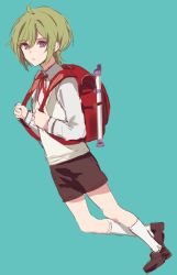Rule 34 | 1boy, absurdres, backpack, bag, blue background, brown footwear, brown shirt, dear vocalist, full body, green hair, highres, long sleeves, looking at viewer, male focus, momochi (dear vocalist), pale skin, ptping, purple eyes, shirt, shoes, shorts, solo, white legwear, white shirt