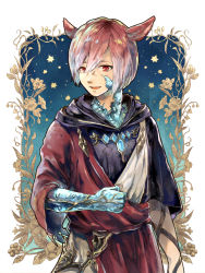 Rule 34 | 1boy, :d, animal ears, black robe, blue background, blue gemstone, cat boy, cat ears, clenched hand, crystal, crystal exarch, crystallization, final fantasy, final fantasy xiv, floral background, framed, g&#039;raha tia, g'raha tia, gem, gradient hair, hair between eyes, highres, hood, hood down, hooded robe, looking at viewer, male focus, material growth, miqo&#039;te, multicolored hair, open mouth, outside border, red eyes, red hair, robe, seto (gf gnsn), short hair, sleeves past elbows, smile, solo, star (symbol), toga, upper body, white hair