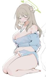 Rule 34 | 1girl, blonde hair, blue archive, bottomless, breasts, hair bun, halo, hufy, lanyard, large breasts, long hair, nonomi (blue archive), seiza, sidelocks, simple background, sitting, white background