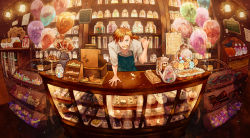 Rule 34 | 1boy, animal, arm support, balloon, beckoning, bird, blue eyes, box, brown hair, candy, candy store, cash register, chalkboard, chocolate, collared shirt, cookie, counter, crow, doughnut, fisheye, food, food in mouth, halloween, hand up, hinata (echoloveloli), indoors, jack-o&#039;-lantern, jar, lamp, leaning forward, light particles, lollipop, looking at viewer, male focus, mouth hold, original, paper, shelf, shirt, shop, sleeves rolled up, solo, tiered tray, tray, wall lamp, waving