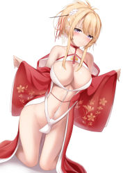 Rule 34 | 1girl, azur lane, bare shoulders, blonde hair, breasts, choker, cleavage, collarbone, glorious (azur lane), glorious (pungent plum) (azur lane), groin, hair ornament, hairpin, highres, kneeling, large breasts, long hair, long sleeves, looking at viewer, navel, off shoulder, official alternate costume, ponytail, purple eyes, red choker, revealing clothes, simple background, solo, stomach, tatsumiya kagari, thighs, white background, wide sleeves