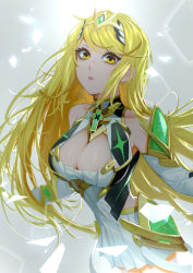 Rule 34 | 1girl, absurdres, bare shoulders, blonde hair, breasts, chest jewel, cleavage, cleavage cutout, clothing cutout, danaid ianad, dress, earrings, elbow gloves, gem, gloves, headpiece, highres, jewelry, large breasts, long hair, mythra (xenoblade), short dress, swept bangs, tiara, very long hair, white dress, white gloves, xenoblade chronicles (series), xenoblade chronicles 2, yellow eyes