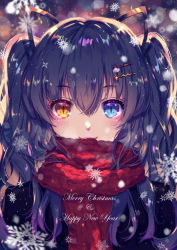Rule 34 | 1girl, animal ears, black hair, blue eyes, blurry, blurry background, blush, bokeh, cat ears, cat hair ornament, christmas, depth of field, english text, enpera, fake animal ears, hair ornament, hairclip, happy new year, heterochromia, long hair, looking at viewer, merry christmas, momoko (momoko14), motion blur, new year, original, red scarf, scarf, scarf over mouth, slit pupils, smile, snowflakes, snowing, solo, upper body, yellow eyes