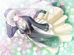 Rule 34 | 1girl, blonde hair, blue eyes, demiourgos no musume, dress, dutch angle, flower, full body, game cg, green eyes, hat, hyacinth, iris (demiourgos), jewelry, kannatsuki noboru, long dress, looking at viewer, looking up, necklace, see-through, solo, standing, veil, wind