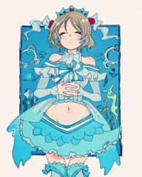 Rule 34 | 1girl, aqua skirt, aquarium, artist name, artist request, bare shoulders, blue bow, blush, bow, bowtie, breasts, capelet, closed eyes, crop top, detached sleeves, dress, earrings, female focus, frilled capelet, frills, grey hair, hair bow, hair ornament, highres, jewelry, koi ni naritai aquarium, light brown hair, looking at viewer, love live!, love live! sunshine!!, medium breasts, navel, ocean, off-shoulder dress, off shoulder, outstretched arms, own hands together, parted lips, ribbon, rinkoi, short hair, skirt, small breasts, smile, solo, striped bow, striped bowtie, striped clothes, thighhighs, tiara, underwater, watanabe you, white bow, white ribbon, white thighhighs