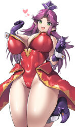 Rule 34 | 1girl, :d, angela (seiken densetsu 3), breasts, cameltoe, cleft of venus, commentary request, covered erect nipples, curvy, earrings, gloves, green eyes, hair intakes, highleg, highleg leotard, huge breasts, jewelry, jumping, leotard, long hair, looking at viewer, nagase haruhito, open mouth, pointy ears, purple gloves, purple hair, red leotard, red skirt, seiken densetsu, seiken densetsu 3, showgirl skirt, skirt, smile, solo, thick thighs, thighs, vietnam war, wide hips