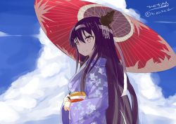 Rule 34 | 1girl, alternate costume, belt, black hair, blue sky, blush, closed mouth, cloud, day, fusou (kancolle), hair between eyes, headband, highres, hizaka, japanese clothes, kantai collection, kimono, long hair, long sleeves, looking at viewer, oil-paper umbrella, one-hour drawing challenge, red eyes, sky, smile, solo, twitter username, umbrella, yukata