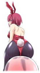 Rule 34 | 1girl, ahoge, animal ears, ass, back, backless outfit, bare shoulders, blush, breasts, fake animal ears, gundam, gundam seed, gundam seed destiny, huge ass, leotard, looking at viewer, lunamaria hawke, medium breasts, pantyhose, playboy bunny, purple eyes, purple hair, rabbit ears, rabbit tail, shiny clothes, shiny skin, short hair, sideboob, sitting, smile, solo, tail, tonpuu, wrist cuffs