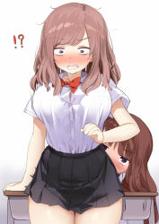 Rule 34 | !?, 2girls, ^^^, arm support, black skirt, black socks, blush, bow, bowtie, breasts, brown hair, buttons, clenched teeth, commentary request, desk, earrings, gradient background, implied fingering, jewelry, kaisen chuui, kanchou, kneehighs, large breasts, long hair, motion lines, multiple girls, nose blush, original, pleated skirt, purple eyes, red neckwear, school desk, school uniform, shirt, shirt tucked in, short sleeves, simple background, sitting, sitting on table, skirt, smile, socks, surprised, table, teeth, white background, white shirt, wide-eyed