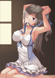 Rule 34 | 1girl, arm up, armpits, barefoot, blue eyes, blue ribbon, blush, breasts, brown hair, cleavage, collarbone, covered erect nipples, cucouroux (granblue fantasy), dress, from side, granblue fantasy, haruhi tamako, indoors, large breasts, long hair, microsoft windows, mouth hold, one eye closed, ribbon, solo, tying hair, wooden wall