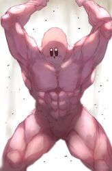 Rule 34 | 1boy, :d, abs, absurdres, arms up, blush stickers, commentary request, feet out of frame, grey background, highres, kirby, kirby (series), male focus, muscular, nintendo, open mouth, pectorals, shiburingaru, simple background, smile, solo, standing, triangle mouth
