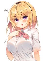Rule 34 | 1girl, black hairband, blonde hair, blush, breasts, chestnut mouth, collared shirt, commentary request, dress shirt, fang, hair between eyes, hairband, hand up, highres, higurashi no naku koro ni, houjou satoko, large breasts, looking at viewer, open mouth, pink neckwear, purple eyes, shirt, short sleeves, simple background, solo, spoken squiggle, squiggle, suzunone rena, upper body, white background, white shirt