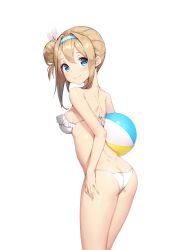 Rule 34 | 1girl, :&gt;, absurdres, alternate hairstyle, ass, bad id, bad pixiv id, ball, bare shoulders, beachball, bikini, blonde hair, blue eyes, blush, breasts, butt crack, closed mouth, commentary, dimples of venus, frilled bikini, frills, from behind, from side, girls&#039; frontline, hair between eyes, hair bun, hairband, head tilt, highres, long hair, looking at viewer, medium breasts, mokew, official alternate costume, simple background, single hair bun, solo, standing, suomi (girls&#039; frontline), suomi (midsummer pixie) (girls&#039; frontline), swimsuit, white background, white bikini