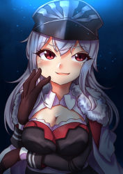 Rule 34 | 1girl, arm under breasts, asake ameji, azur lane, breast hold, breasts, cape, cleavage, cloak, cross, fur-trimmed cape, fur trim, gloves, graf zeppelin (azur lane), hat, iron cross, large breasts, long hair, looking at viewer, military, military uniform, peaked cap, red eyes, solo, uniform, upper body, very long hair, white cloak