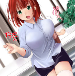 Rule 34 | 1girl, breasts, dutch angle, green eyes, kozue akari, large breasts, open mouth, original, red hair, solo, thighhighs, white thighhighs