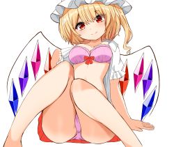 Rule 34 | 1girl, ass, bare legs, barefoot, blonde hair, blush, bow, bra, breasts, collarbone, crystal, eyelashes, feet out of frame, flandre scarlet, gluteal fold, hair between eyes, hat, highres, holding, holding clothes, holding shirt, kiui (dagk8254), knees together feet apart, knees up, looking at viewer, medium breasts, medium hair, miniskirt, mob cap, panties, pink bra, pink panties, red bow, red eyes, red ribbon, red skirt, ribbon, shirt, short sleeves, side ponytail, simple background, sitting, skirt, smile, solo, thighs, touhou, underwear, undressing, white background, wings
