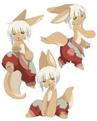 Rule 34 | 1other, :3, androgynous, animal ears, between legs, body fur, brown fur, closed mouth, colored eyelashes, from side, furry, hand between legs, hand up, highres, jitome, leg up, looking at viewer, looking to the side, made in abyss, multiple views, nanachi (made in abyss), open mouth, other focus, pants, pouch, puffy pants, rabbit ears, red pants, short hair, sidelocks, simple background, sitting, tail, uis0, whiskers, white background, white hair
