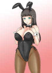 Rule 34 | 1girl, animal ears, aqua eyes, artist name, artist request, bare shoulders, black bow, black hair, black leotard, blunt bangs, bow, bowtie, breasts, brown pantyhose, cleavage, collarbone, female focus, green eyes, hand on own chest, highres, kurosawa dia, leotard, long hair, looking at viewer, love live!, love live! sunshine!!, medium breasts, mole, mole under mouth, nail, nail polish, pantyhose, pink background, pink nails, playboy bunny, rabbit ears, solo, white background, white wrist cuffs, wing collar, wrist cuffs