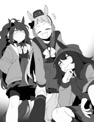 Rule 34 | +++, 3girls, ?, alpha transparency, animal ears, beanie, bike shorts under skirt, bow, bowtie, closed eyes, commentary, ear bow, ears through headwear, ggubii0225, glowing, glowing eyes, gold ship (umamusume), greyscale, hands in pockets, hat, headgear, horse ears, jacket, long hair, long sleeves, looking at viewer, looking down, mask, messy hair, monochrome, mouth mask, multiple girls, nakayama festa (umamusume), open mouth, orfevre (umamusume) (old design), pillbox hat, rape face, sailor collar, sailor shirt, school uniform, sharp teeth, shirt, sidelocks, speech bubble, spoken question mark, squatting, symbol-only commentary, teeth, thighhighs, thumbnail surprise, tracen school uniform, troll face, umamusume, when you see it, winter uniform