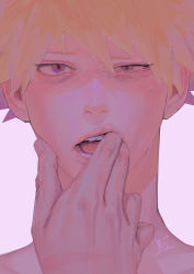 Rule 34 | 1boy, 1other, absurdres, bakugou katsuki, blonde hair, boku no hero academia, half-closed eye, hand on another&#039;s mouth, highres, looking at viewer, male focus, portrait, red eyes, saliva, signature, simple background, solo focus, sweat, teeth, tongue, wengwengchim, white background