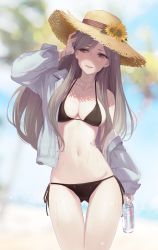 Rule 34 | 1girl, bare shoulders, beach, bikini, black bikini, blurry, blurry background, bottle, breasts, brown eyes, brown hair, cleavage, collarbone, day, flower, hat, highres, holding, holding bottle, jacket, jewelry, long hair, medium breasts, mole, natsume yochiki, navel, necklace, off shoulder, open clothes, original, outdoors, parted lips, side-tie bikini bottom, skindentation, sky, solo, standing, stomach, straw hat, string bikini, sun hat, sunflower, sweat, swimsuit, thigh gap, thighs, water bottle