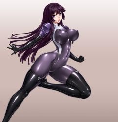 Rule 34 | 1girl, black thighhighs, blunt bangs, bodysuit, boots, breasts, cameltoe, clenched hand, covered erect nipples, elbow gloves, gloves, hime cut, kamori sayaka, large breasts, latex, latex gloves, latex legwear, latex suit, leg up, legs, long hair, long legs, looking at viewer, open mouth, original, rindou (radical dream), shiny clothes, solo, thigh boots, thighhighs, thighs