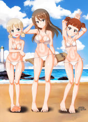Rule 34 | 3girls, aki (girls und panzer), armpits, arms behind head, arms up, artist name, barefoot, beach, bikini, blue sky, blunt bangs, blush, breasts, brown eyes, brown hair, closed mouth, cloud, cloudy sky, commentary request, day, ears visible through hair, feet, ferry (ship), frown, full body, girls und panzer, gluteal fold, grabbing own arm, green eyes, grin, groin, hair tie, hand in own hair, heel up, highres, holding, holding instrument, instrument, kantele, large breasts, light brown hair, lighthouse, long hair, looking at viewer, low twintails, lowleg, lowleg bikini, medium breasts, megadeko, mika (girls und panzer), mikko (girls und panzer), multiple girls, navel, no headwear, ocean, outdoors, partial commentary, red eyes, red hair, rock, shadow, ship, short hair, short twintails, side-tie bikini bottom, signature, sky, small breasts, smile, soles, standing, string bikini, sweatdrop, swimsuit, thighs, toes, toes up, twintails, twitter username, v, watercraft, white bikini, wind
