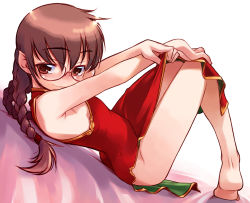 Rule 34 | 00s, 1girl, arched back, bad id, bad pixiv id, bare shoulders, barefoot, blush, braid, breasts, brown eyes, brown hair, china dress, chinese clothes, dress, eyebrows, feet, freckles, from side, full body, glasses, long hair, looking at viewer, looking to the side, lying, nakamura tetsuya, on back, pointy ears, ri kouran, round eyewear, sakura taisen, sideboob, smile, soles, solo, thighs, twin braids