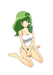 Rule 34 | 1girl, bad id, bad pixiv id, bare shoulders, blue panties, blush, breasts, camisole, collarbone, female focus, frog hair ornament, green hair, hair ornament, kochiya sanae, medium breasts, navel, non (z-art), panties, simple background, sitting, snake hair ornament, solo, touhou, underwear, underwear only, wariza, white background, yellow eyes