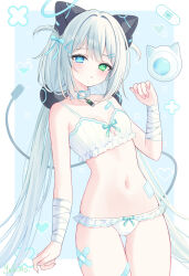 1girl :o animal_hat arm_up bandaged_arm bandages bandaid bandaid_on_breast bandaid_on_thigh bikini bikini_shorts blue_eyes cable cable_tail cat_hat collar collarbone green_eyes hair_ornament hair_ribbon hairclip hat heterochromia highres light_blush long_hair low_ponytail mechanical_tail original pixel_art_inset ponytail ribbon shorts simple_background solo suineco swimsuit tail very_long_hair white_bikini white_collar white_hair